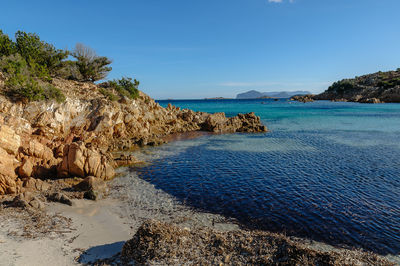 Scenic view of sea against clear blue sky