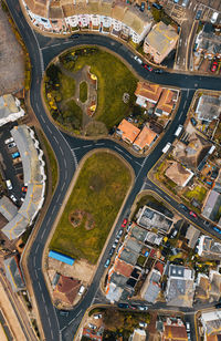 High angle view of road amidst buildings in city