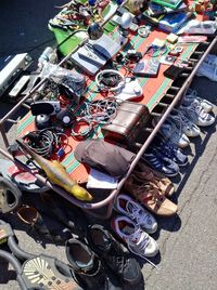 High angle view of clothes for sale at street market