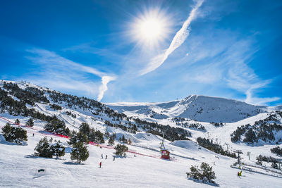 Skiers and snowboarders on ski slopes and snow park in el tarter, andorra