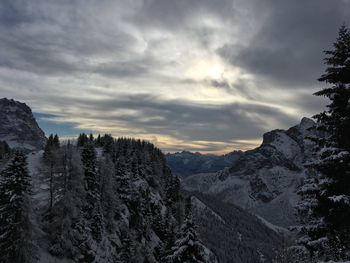 Scenic view of snow mountains against sky during sunset