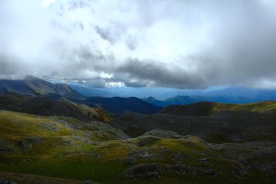 Scenic view of mountains against cloudy sky