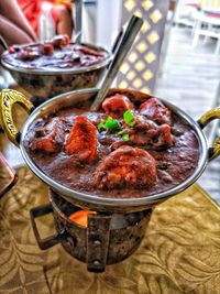 High angle view of meat in bowl on table