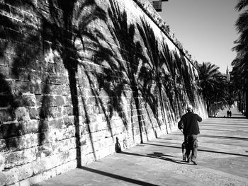 Man walking with dog on street by wall