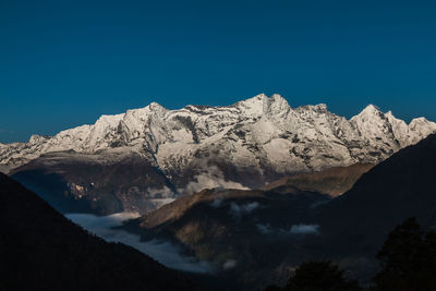 Scenic view of mountains against clear blue sky