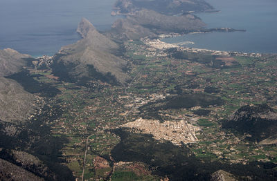 High angle view of landscape and sea