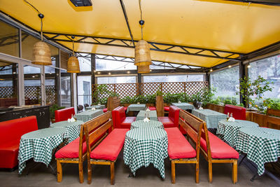 Empty chairs and tables in restaurant