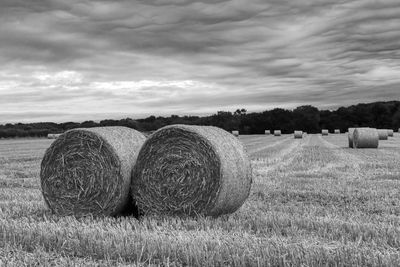 Hay bales on field against sky