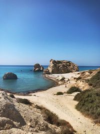 Scenic view of sea against clear blue sky