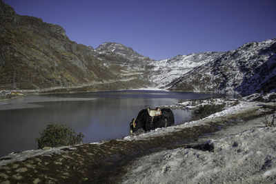 Scenic view of lake and mountains against clear sky