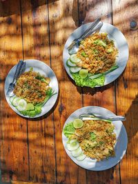 High angle view of food served on table