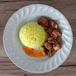 High angle view of food in plate on table