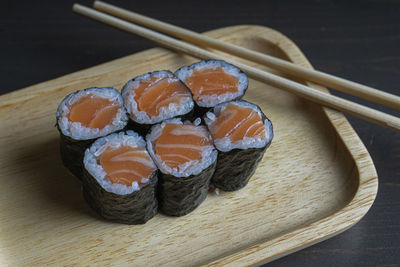 Close-up of sushi served on table