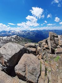 Scenic view of mountains against blue sky