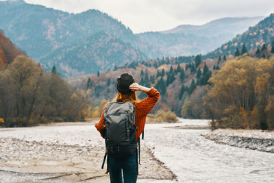 Rear view of man looking at mountains