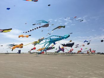 Kites flying at beach against sky