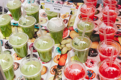 High angle view of food on table at market