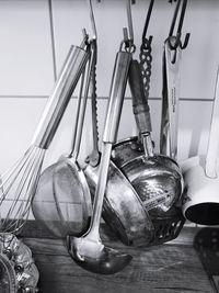 Close-up of metallic structure on table at home