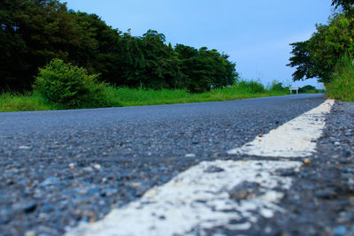 Surface level of road by trees against clear sky