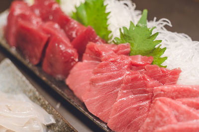 Assorted red, medium and fatty tuna sashimi from oma