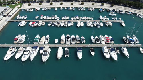 High angle view of boats in city