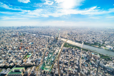 High angle shot of townscape against sky