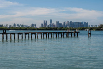 Scenic view of river by buildings against sky