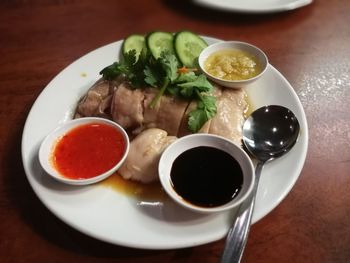 Close-up of breakfast served on table