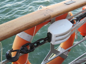 Close-up of rope tied to boat sailing in river