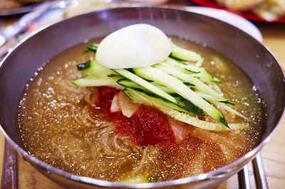 Close-up of naengmyeon served in bowl on table