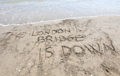 High angle view of text on beach