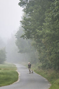 Woman walking the dog, foggy morning