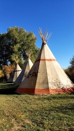 Tent on field against clear sky