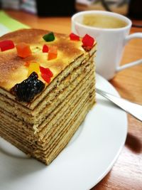 Close-up of cake in plate on table