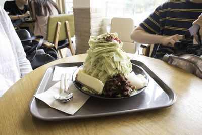 High angle view of ice cream in plate on table