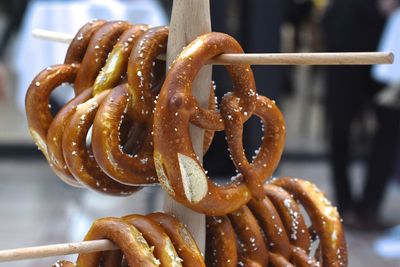 Pretzels displayed at bakery