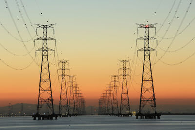 Silhouette electricity pylon against sky during sunset