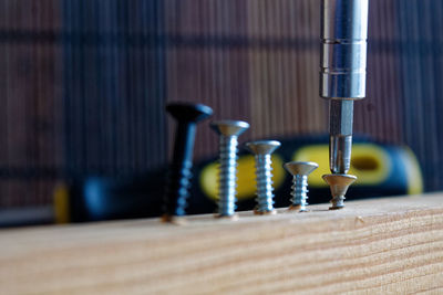 Close-up of screwdriver on wood