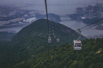 Aerial view of overhead cable car over mountains