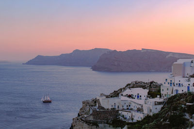 High angle view of sea against sky during sunset