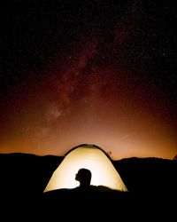 Shadow of person in illuminated tent against star field at night