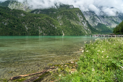 Scenic view of lake and trees against mountains