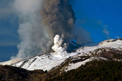 Smoke emitting from volcanic mountain