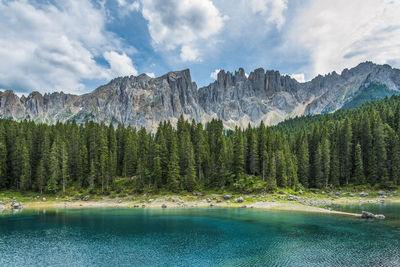 Enchanted panorama. lake of carezza. dolomites, italy