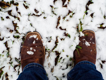 Low section of person standing on snow