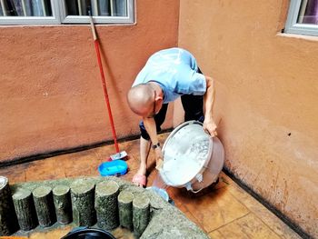 High angle view of man working