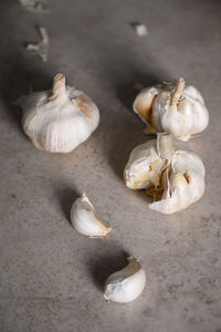 High angle view of garlic on table