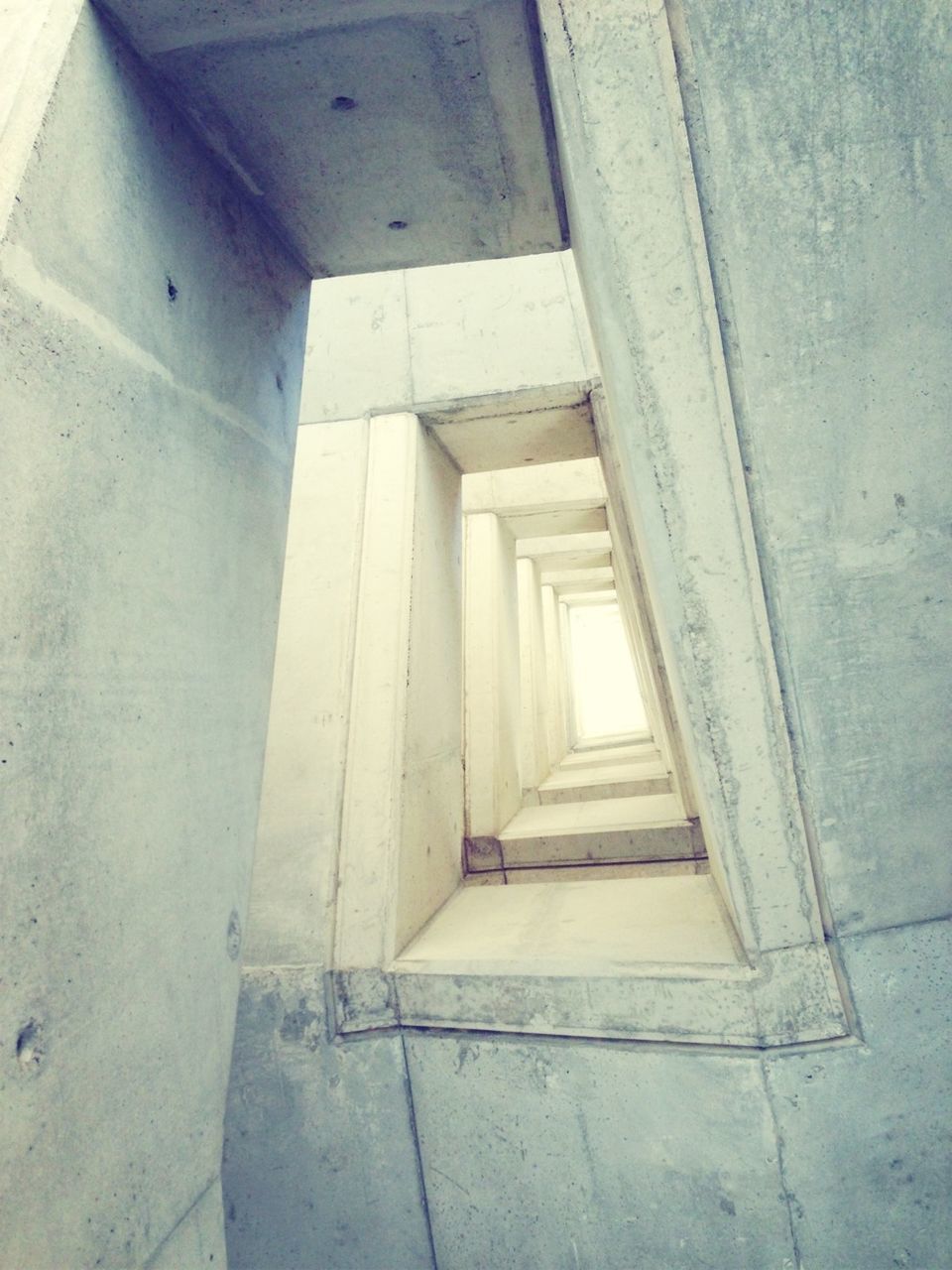 architecture, built structure, indoors, the way forward, corridor, steps, diminishing perspective, building, wall - building feature, staircase, architectural column, steps and staircases, old, no people, day, sunlight, vanishing point, ceiling, building exterior, column