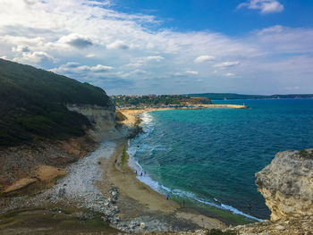 Scenic view of bay against sky