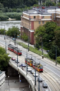 High angle view of tramway on elevated road in city